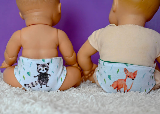 Watercolour Fox and Raccoon Baby Doll diaper panel